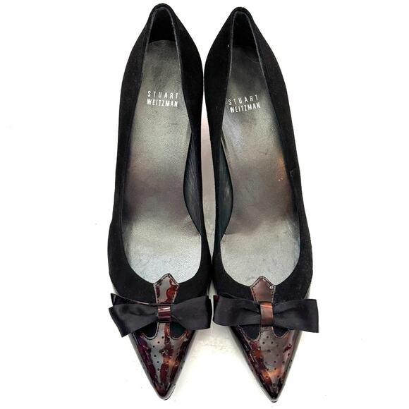 Stuart Weitzman Black Suede Tortoise Shell Satin Bow Heels Size 9.5 - Picture 2 of 9